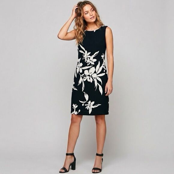 Chaps Dresses & Skirts - American Living Womens Dress Sz 10 Black White Floral Sheath Sleeveless Stretch